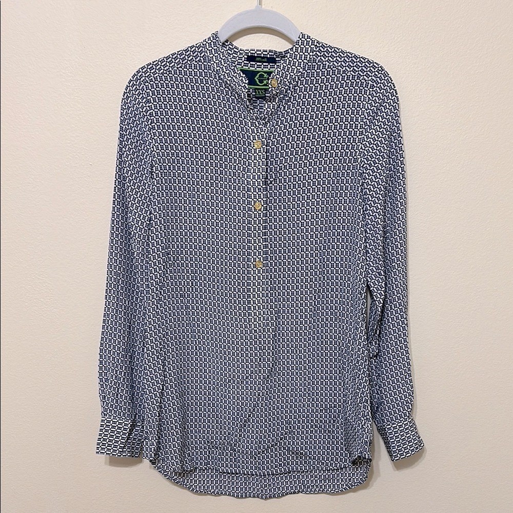 C Wonder 100 Silk Print Band Collar Tunic Shirt Blouse‎ XXS Blue White Geometric